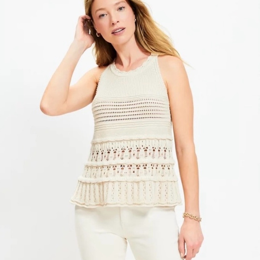 Loft textured pointelle swingy sweater crochet medium tank top boho chic neutral